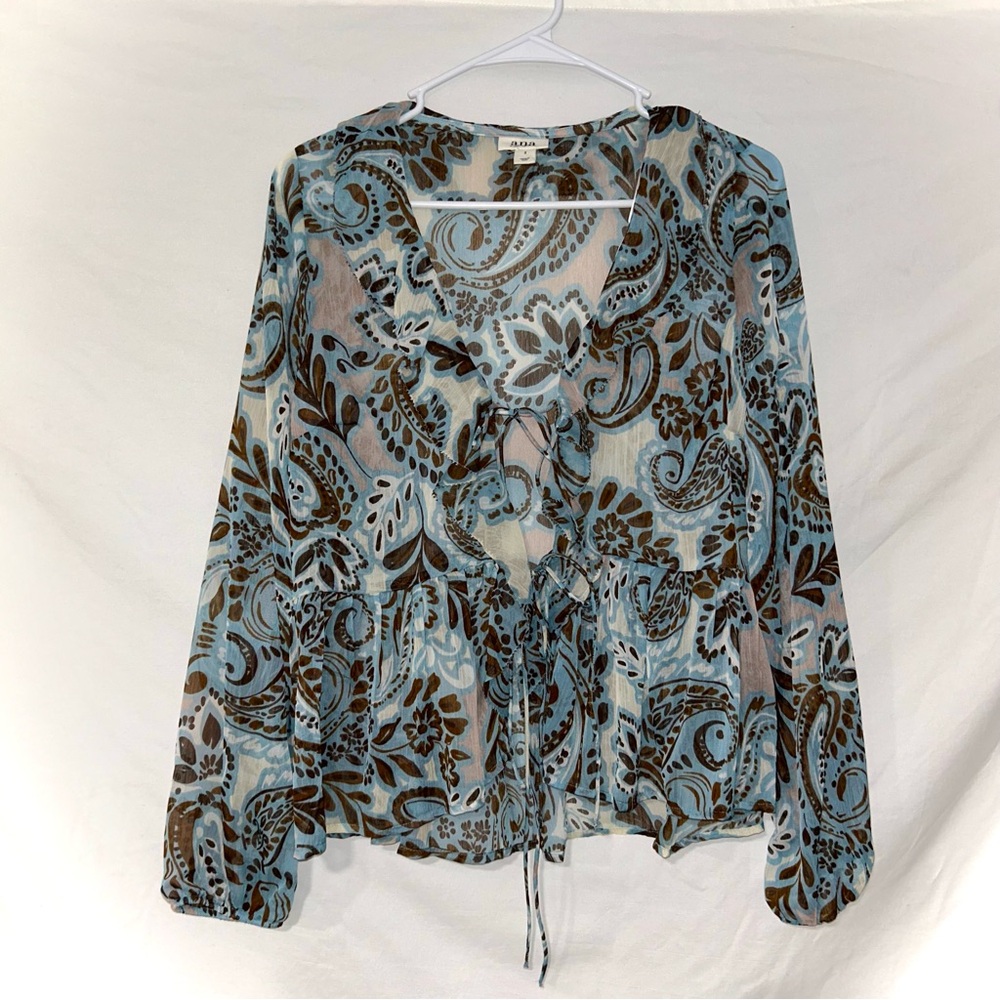 Y2K Sheer Boho Paisley Blue Brown Front Tie Open Blouse